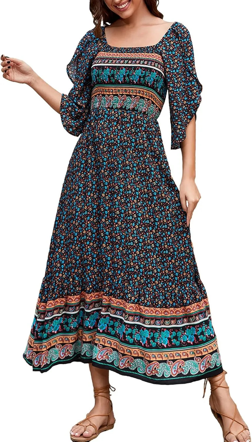 Women's Long Maxi Dress Sexy Off Shoulder Floral Dress Ruffle Short Sleeve Smocked Flowy A Line Boho Dress
