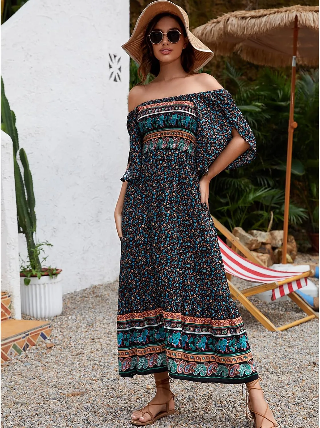 Women's Long Maxi Dress Sexy Off Shoulder Floral Dress Ruffle Short Sleeve Smocked Flowy A Line Boho Dress