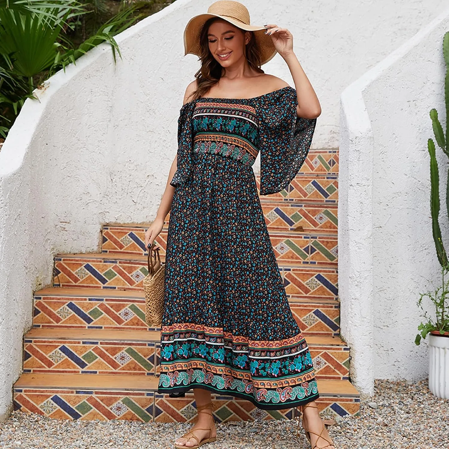 Women's Long Maxi Dress Sexy Off Shoulder Floral Dress Ruffle Short Sleeve Smocked Flowy A Line Boho Dress