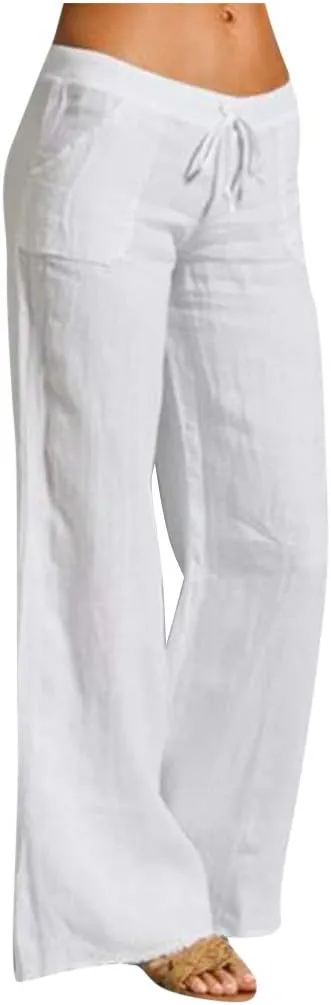 Womens Low-Rise Flowy Linen Pants Summer Beach Relax Fit Sweatpants Aesthetic Drawstring Bootcut Trousers with Pockets