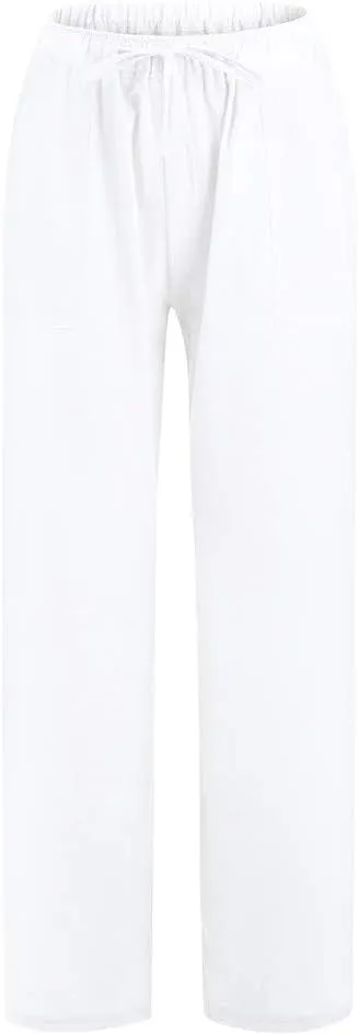 Womens Low-Rise Flowy Linen Pants Summer Beach Relax Fit Sweatpants Aesthetic Drawstring Bootcut Trousers with Pockets