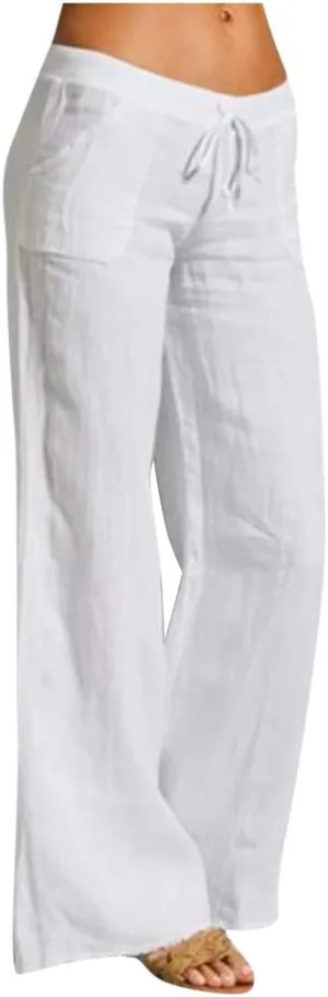 Womens Low-Rise Flowy Linen Pants Summer Beach Relax Fit Sweatpants Aesthetic Drawstring Bootcut Trousers with Pockets