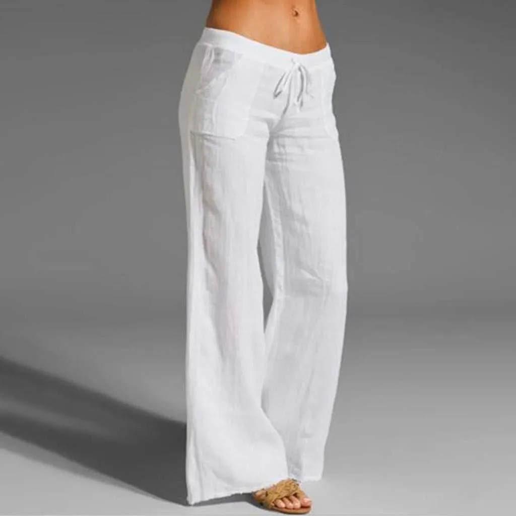 Womens Low-Rise Flowy Linen Pants Summer Beach Relax Fit Sweatpants Aesthetic Drawstring Bootcut Trousers with Pockets