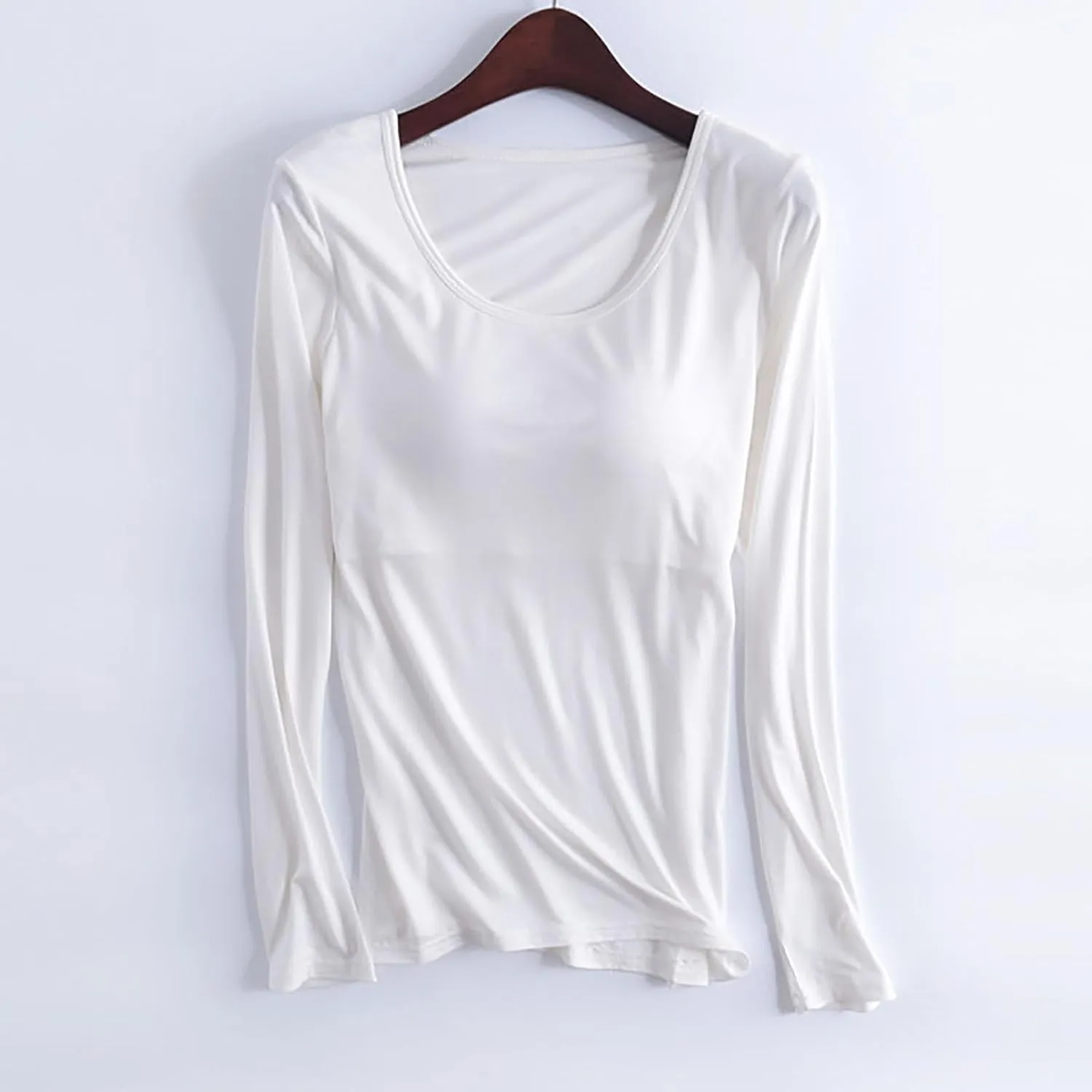 Womens Modal T Shirt Built-in Bra Padded Casual Tops Long Sleeve Crew Neck Shirts Wireless Bra Soft Pajama Sleepwear