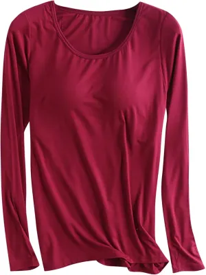 Womens Modal T Shirt Built-in Bra Padded Casual Tops Long Sleeve Crew Neck Shirts Wireless Bra Soft Pajama Sleepwear