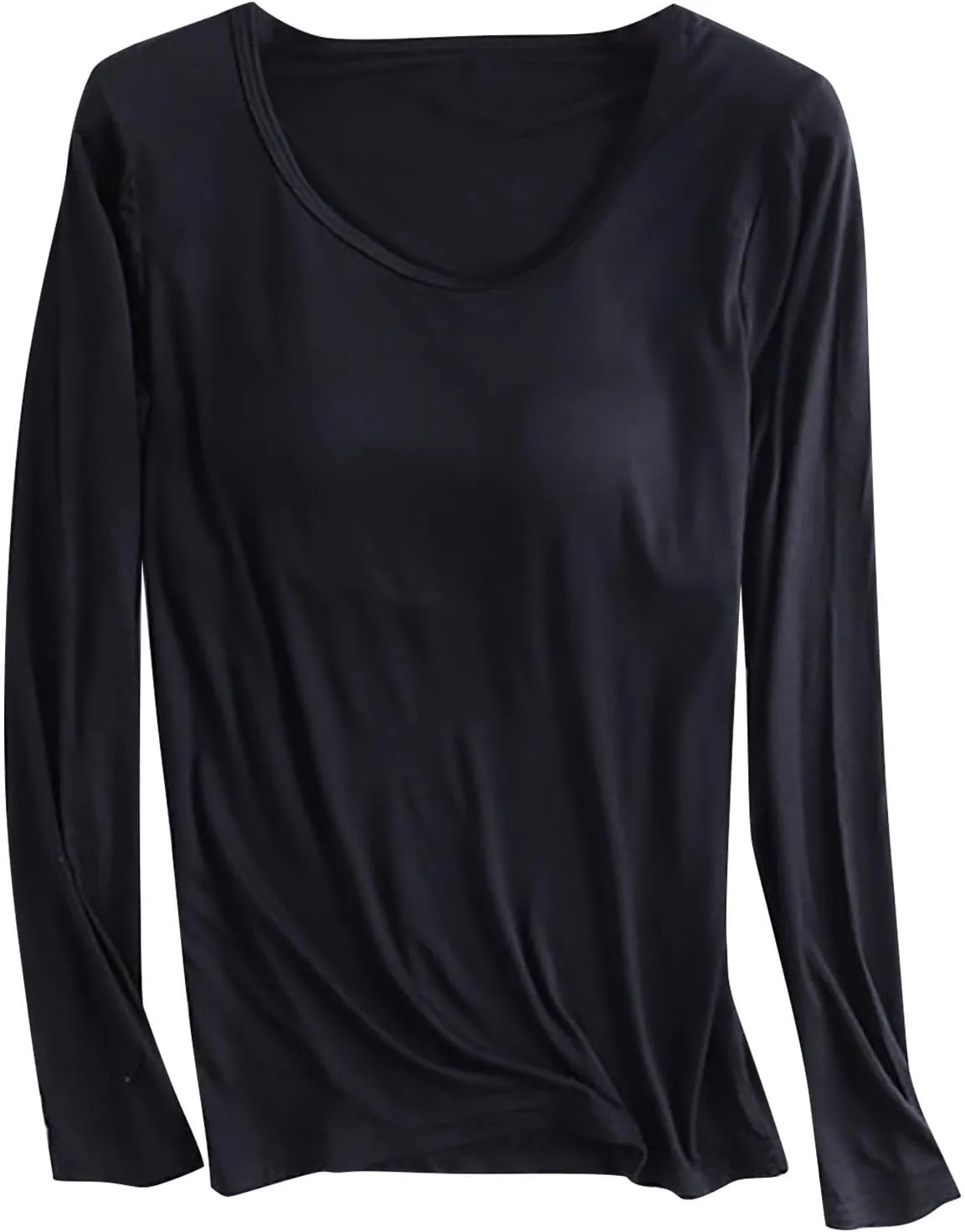 Womens Modal T Shirt Built-in Bra Padded Casual Tops Long Sleeve Crew Neck Shirts Wireless Bra Soft Pajama Sleepwear