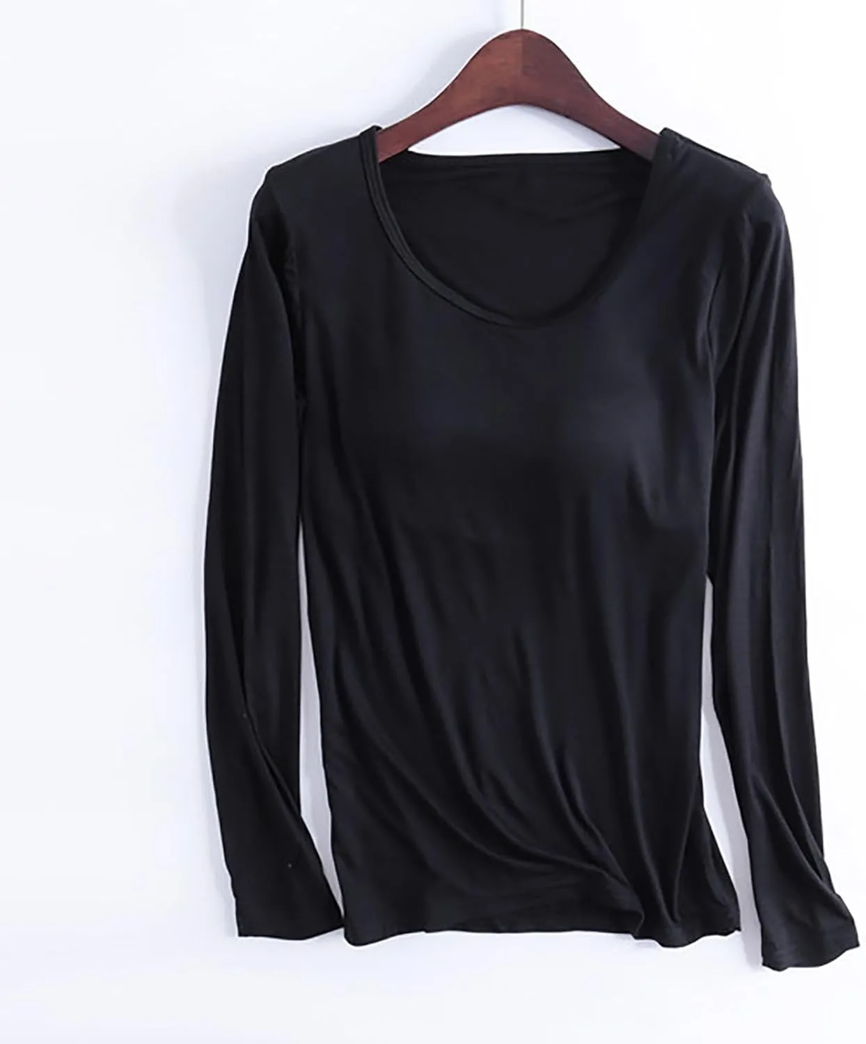 Womens Modal T Shirt Built-in Bra Padded Casual Tops Long Sleeve Crew Neck Shirts Wireless Bra Soft Pajama Sleepwear