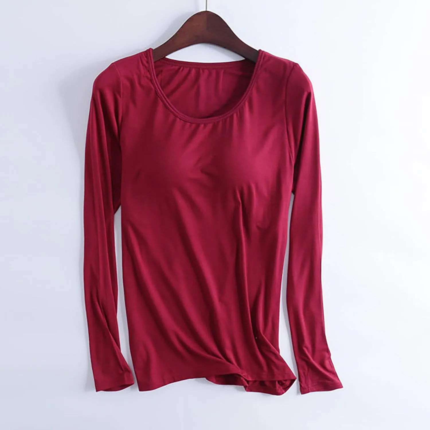 Womens Modal T Shirt Built-in Bra Padded Casual Tops Long Sleeve Crew Neck Shirts Wireless Bra Soft Pajama Sleepwear