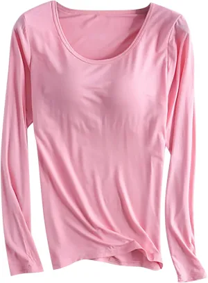 Womens Modal T Shirt Built-in Bra Padded Casual Tops Long Sleeve Crew Neck Shirts Wireless Bra Soft Pajama Sleepwear