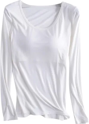 Womens Modal T Shirt Built-in Bra Padded Casual Tops Long Sleeve Crew Neck Shirts Wireless Bra Soft Pajama Sleepwear