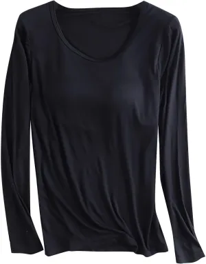 Womens Modal T Shirt Built-in Bra Padded Casual Tops Long Sleeve Crew Neck Shirts Wireless Bra Soft Pajama Sleepwear