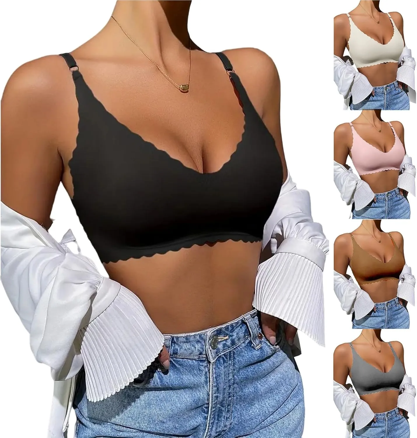 Womens Push Up Everyday Bra Deep V Petal Bras No Underwire Soft Wireless Bra Smooth Seamless Straps Bralettes