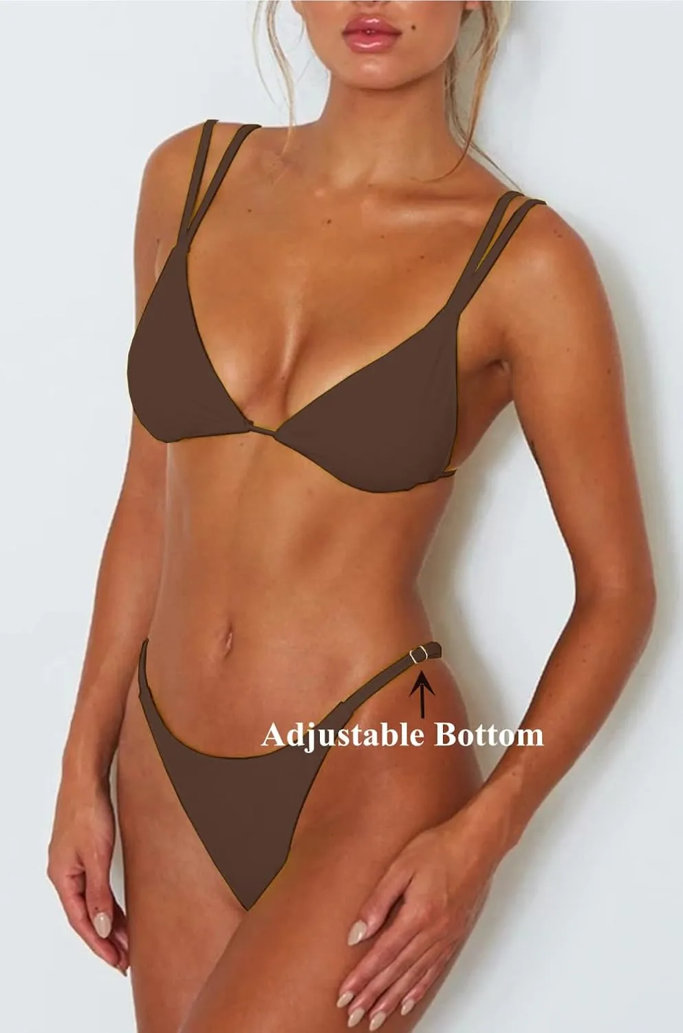 Women's Sexy Thong Bottom Two Piece Bikini Double Shoulder Straps Cute Swimsuit Triangle Bathing Suit