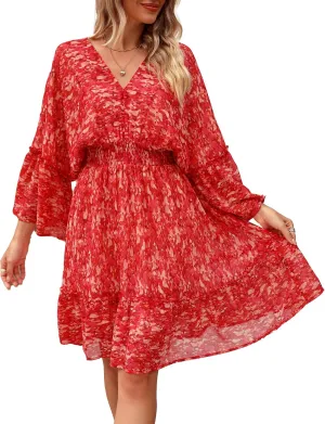 Women's Spring Summer 2023 Floral Mini Dress Boho A Line Chiffon Dress Casual Batwing Sleeve Short Dress