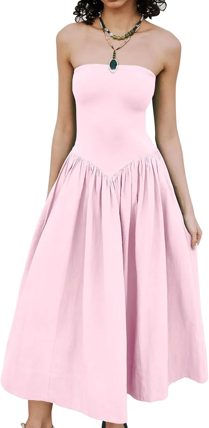Womens Strapless Maxi Dress 2025 Summer Sleeveless Backless Patchwork A Line Flowy Solid Elegant Tube Top Dress