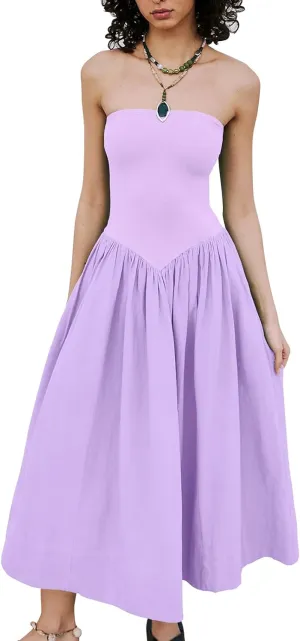 Womens Strapless Maxi Dress 2025 Summer Sleeveless Backless Patchwork A Line Flowy Solid Elegant Tube Top Dress