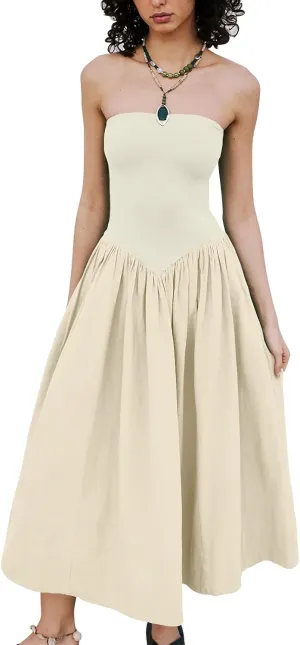 Womens Strapless Maxi Dress 2025 Summer Sleeveless Backless Patchwork A Line Flowy Solid Elegant Tube Top Dress
