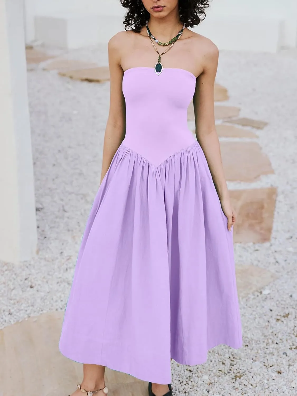 Womens Strapless Maxi Dress 2025 Summer Sleeveless Backless Patchwork A Line Flowy Solid Elegant Tube Top Dress