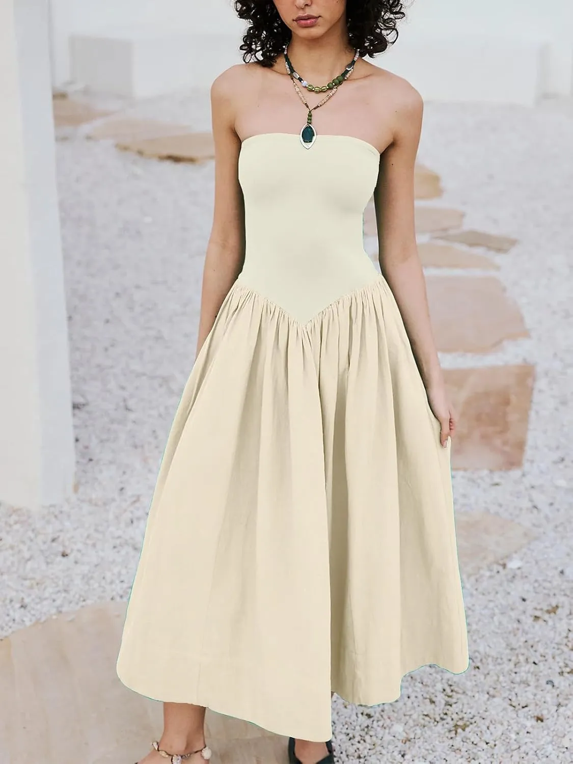 Womens Strapless Maxi Dress 2025 Summer Sleeveless Backless Patchwork A Line Flowy Solid Elegant Tube Top Dress