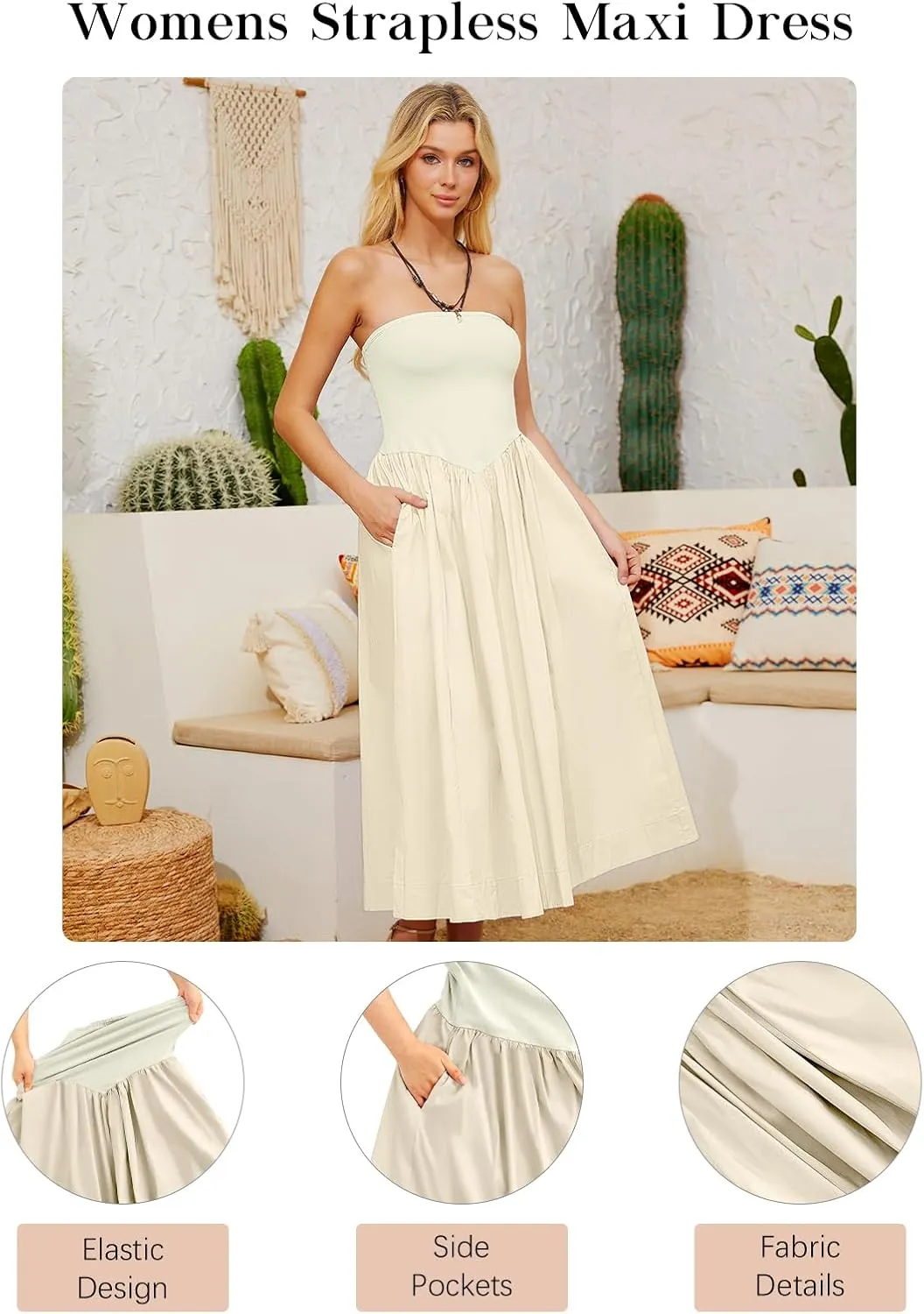 Womens Strapless Maxi Dress 2025 Summer Sleeveless Backless Patchwork A Line Flowy Solid Elegant Tube Top Dress
