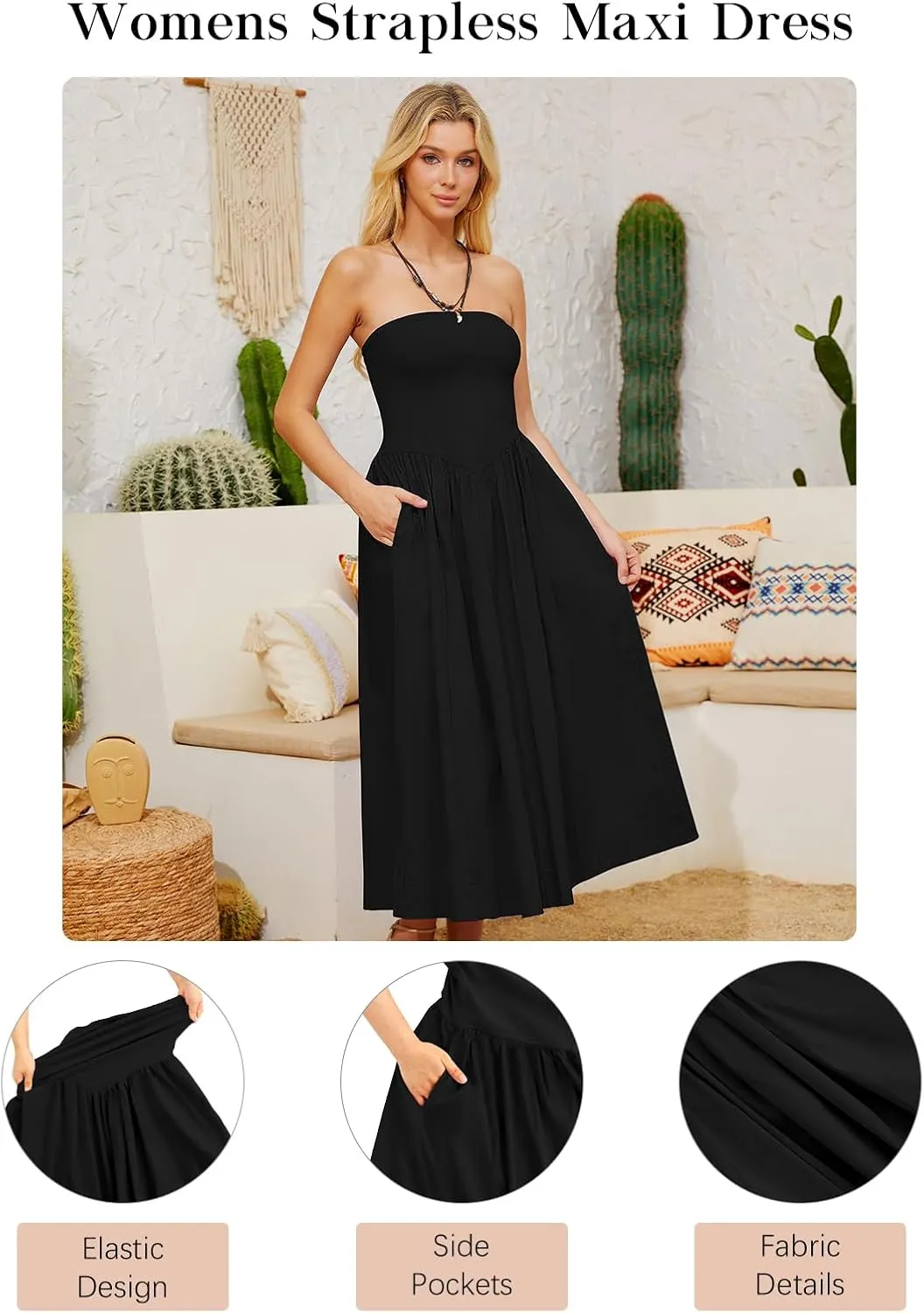 Womens Strapless Maxi Dress 2025 Summer Sleeveless Backless Patchwork A Line Flowy Solid Elegant Tube Top Dress