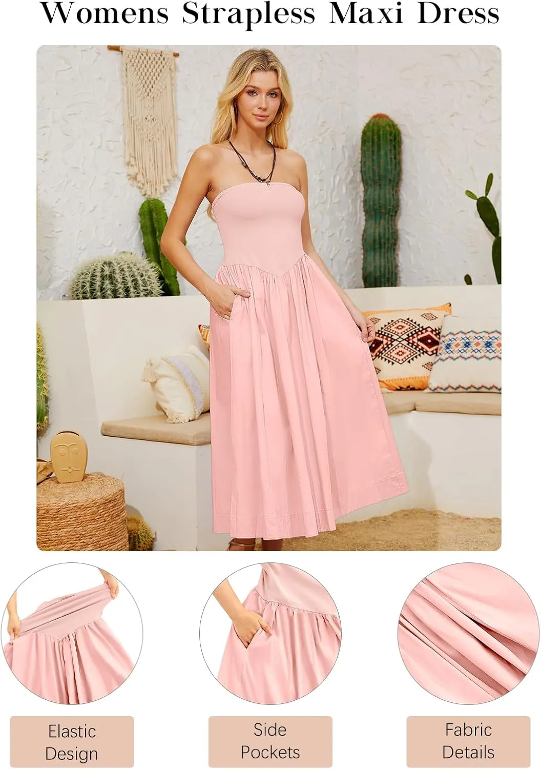 Womens Strapless Maxi Dress 2025 Summer Sleeveless Backless Patchwork A Line Flowy Solid Elegant Tube Top Dress