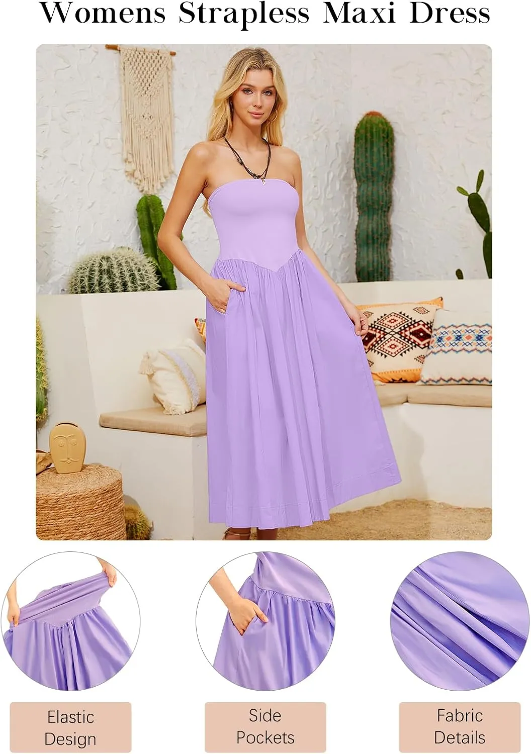 Womens Strapless Maxi Dress 2025 Summer Sleeveless Backless Patchwork A Line Flowy Solid Elegant Tube Top Dress