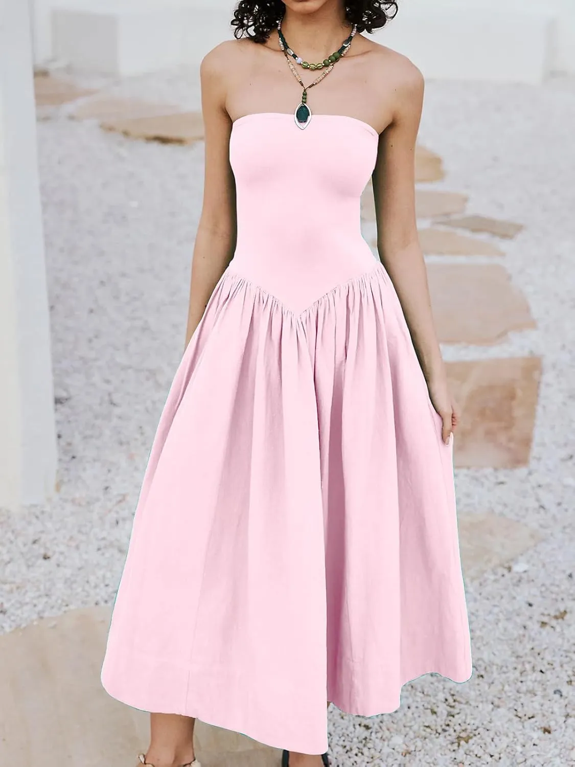 Womens Strapless Maxi Dress 2025 Summer Sleeveless Backless Patchwork A Line Flowy Solid Elegant Tube Top Dress