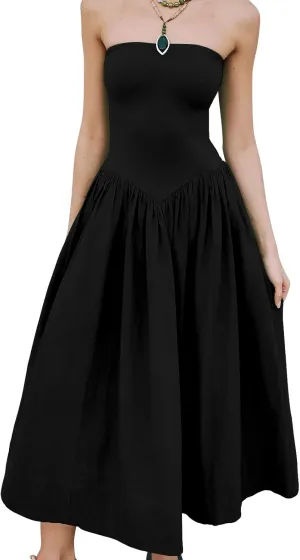 Womens Strapless Maxi Dress 2025 Summer Sleeveless Backless Patchwork A Line Flowy Solid Elegant Tube Top Dress