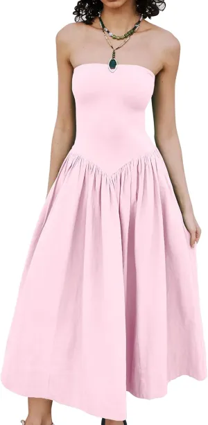Womens Strapless Maxi Dress 2025 Summer Sleeveless Backless Patchwork A Line Flowy Solid Elegant Tube Top Dress
