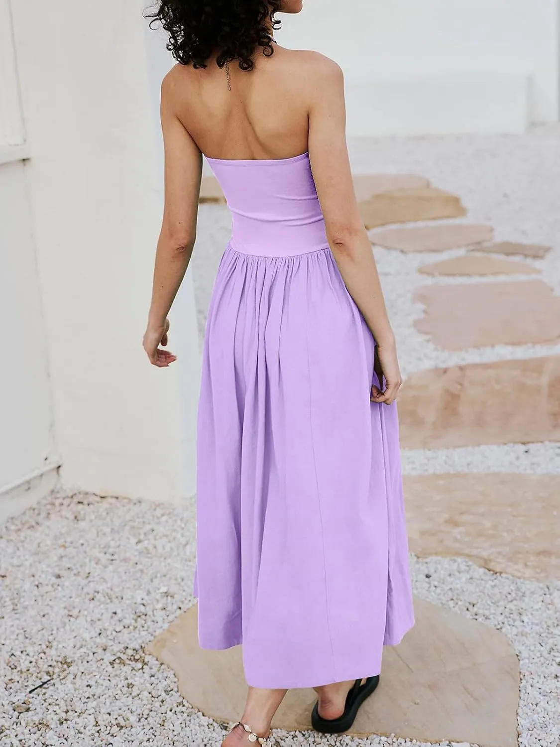 Womens Strapless Maxi Dress 2025 Summer Sleeveless Backless Patchwork A Line Flowy Solid Elegant Tube Top Dress