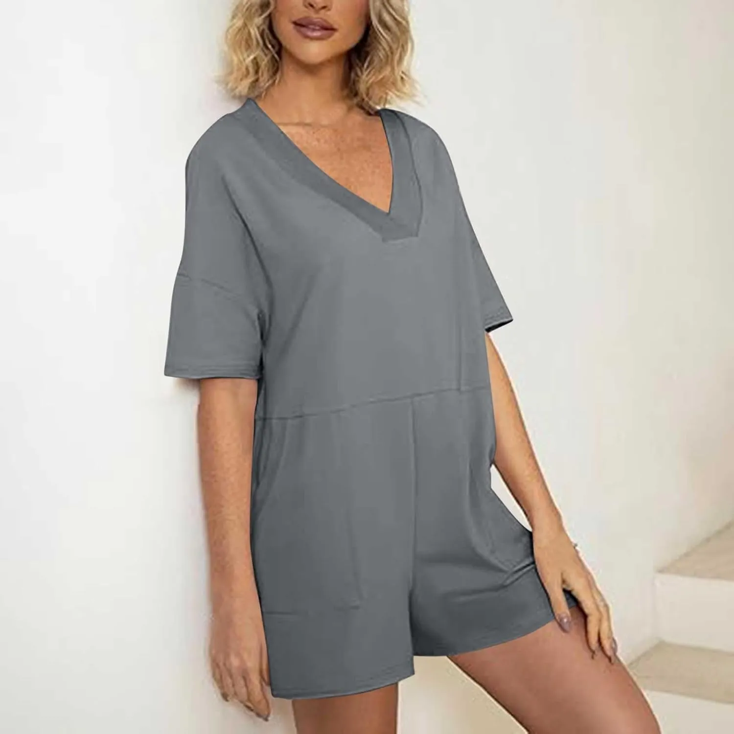 Womens Summer 2025 Plus Size Romper Jumpsuits with Pockets Short Sleeve V Neck Trendy Casual Overall Shorts