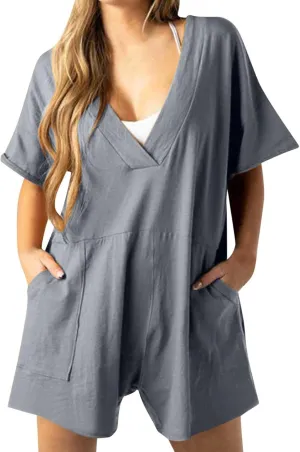 Womens Summer 2025 Plus Size Romper Jumpsuits with Pockets Short Sleeve V Neck Trendy Casual Overall Shorts