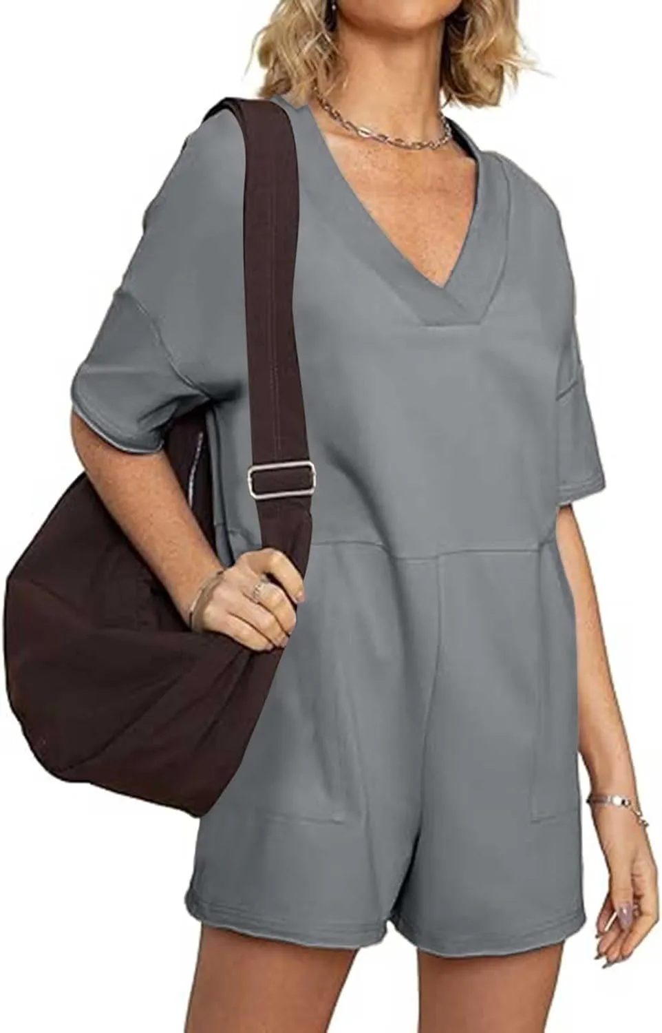 Womens Summer 2025 Plus Size Romper Jumpsuits with Pockets Short Sleeve V Neck Trendy Casual Overall Shorts