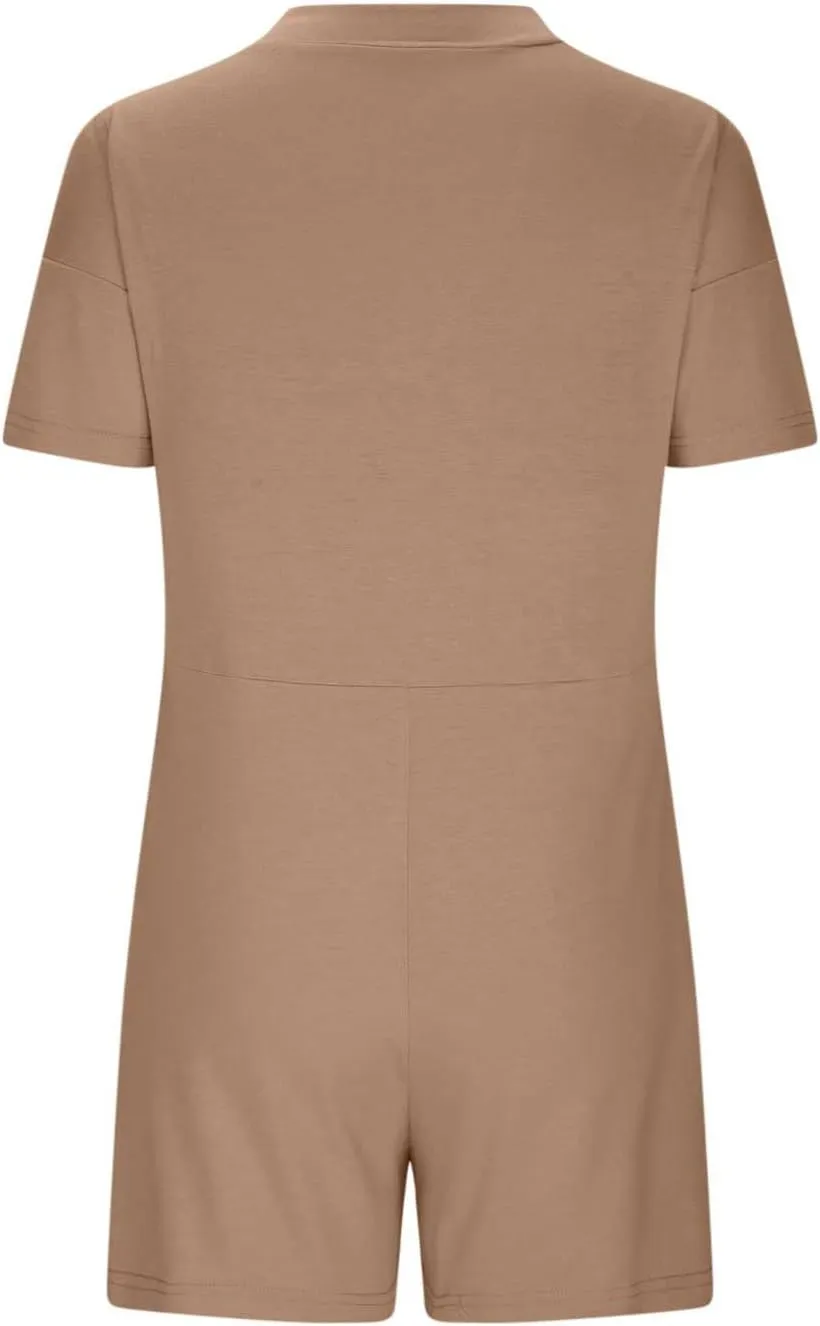 Womens Summer 2025 Plus Size Romper Jumpsuits with Pockets Short Sleeve V Neck Trendy Casual Overall Shorts