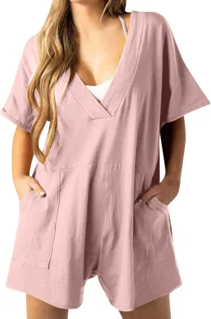 Womens Summer 2025 Plus Size Romper Jumpsuits with Pockets Short Sleeve V Neck Trendy Casual Overall Shorts