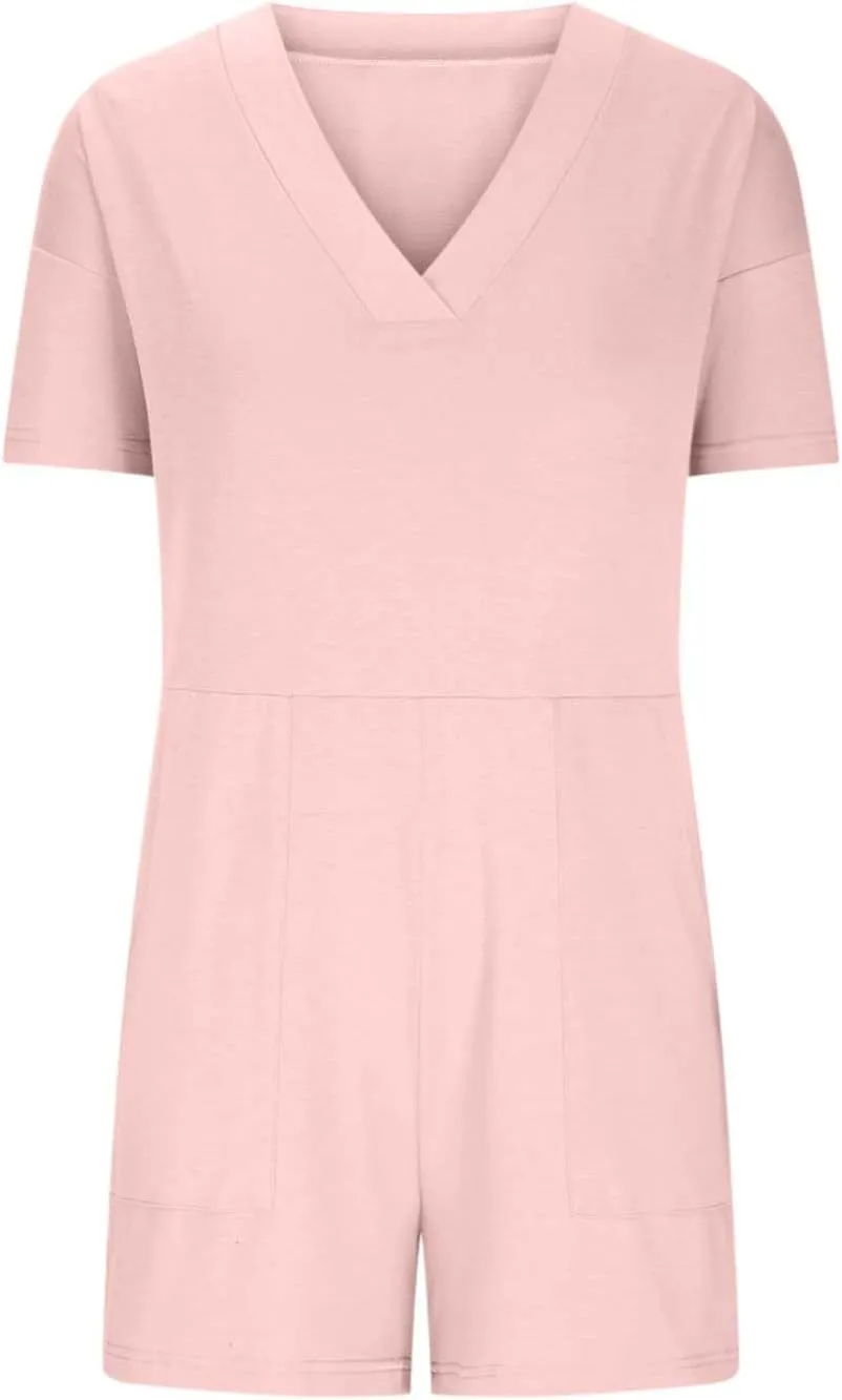 Womens Summer 2025 Plus Size Romper Jumpsuits with Pockets Short Sleeve V Neck Trendy Casual Overall Shorts
