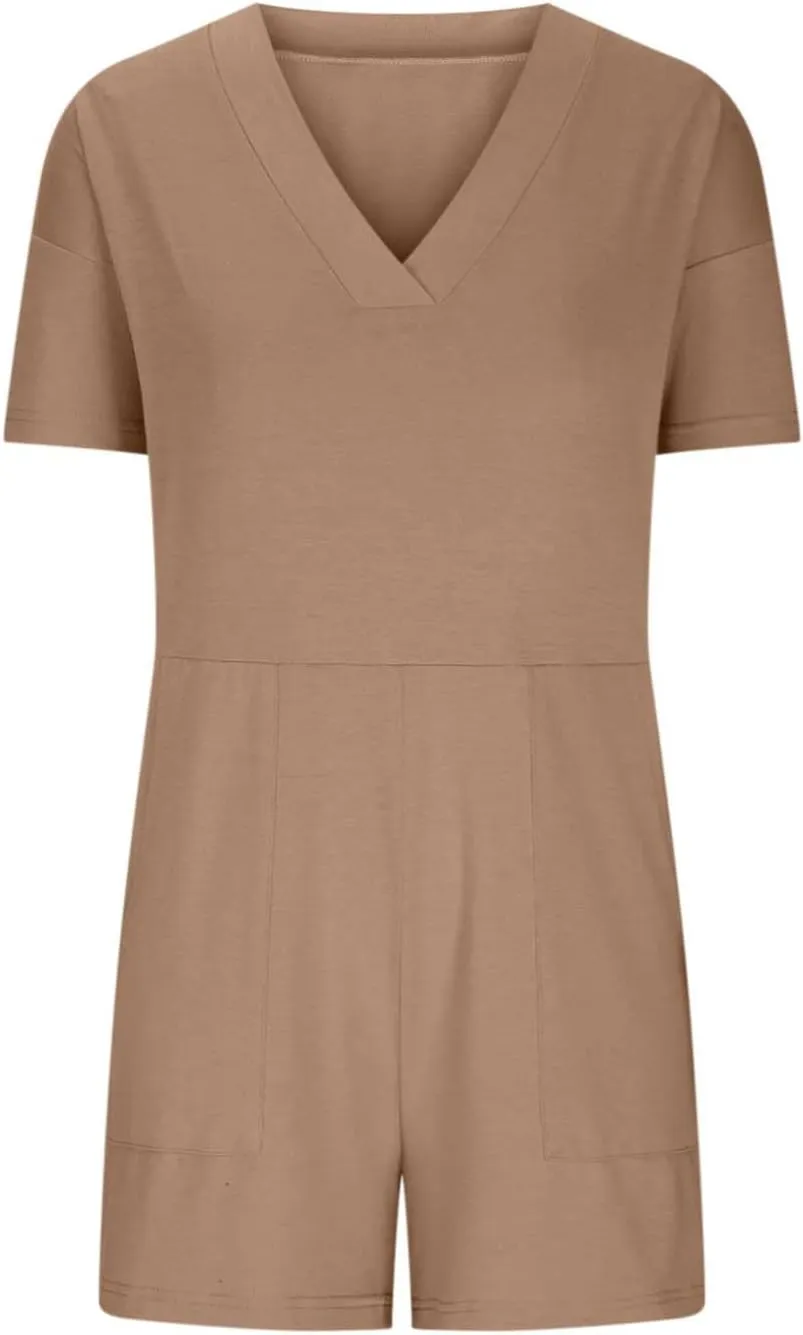 Womens Summer 2025 Plus Size Romper Jumpsuits with Pockets Short Sleeve V Neck Trendy Casual Overall Shorts