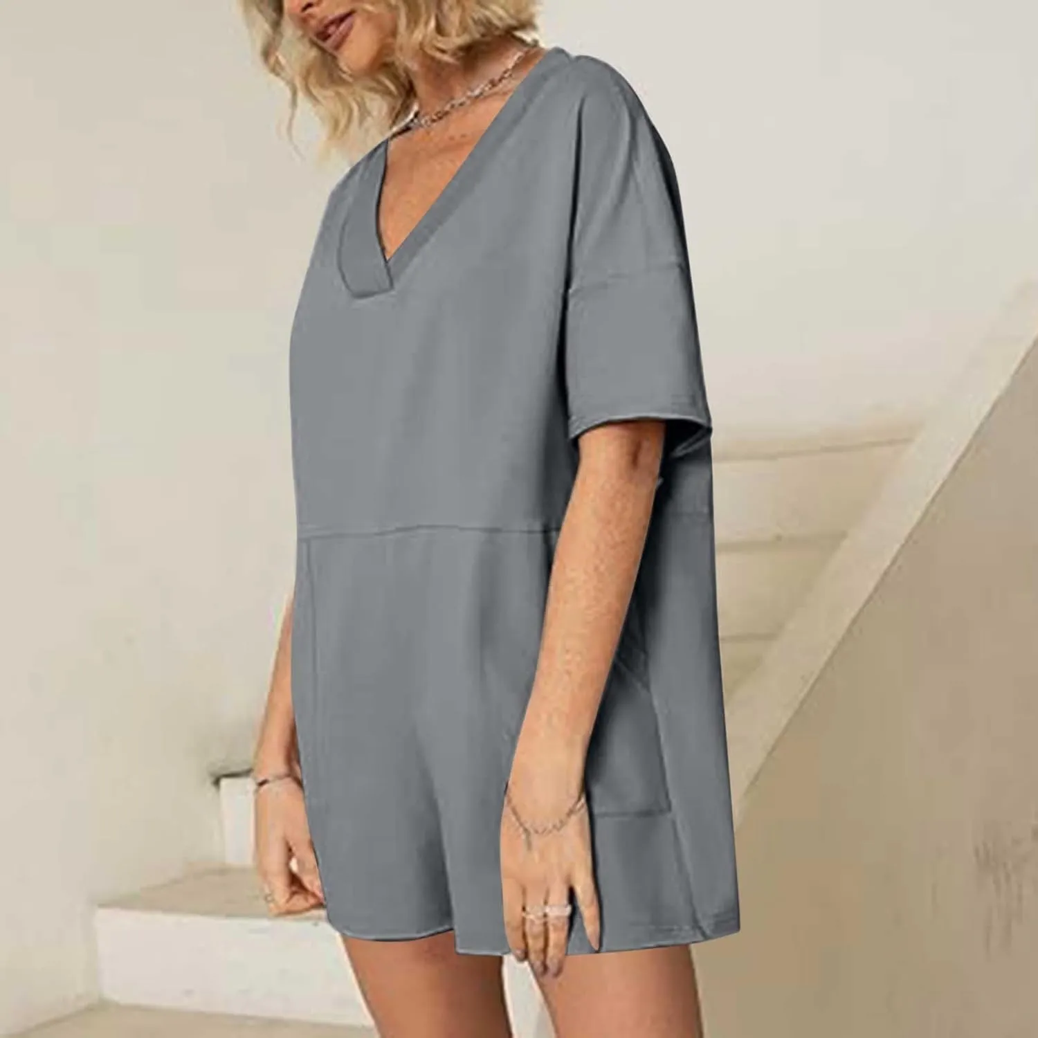 Womens Summer 2025 Plus Size Romper Jumpsuits with Pockets Short Sleeve V Neck Trendy Casual Overall Shorts