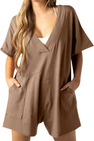 Womens Summer 2025 Plus Size Romper Jumpsuits with Pockets Short Sleeve V Neck Trendy Casual Overall Shorts