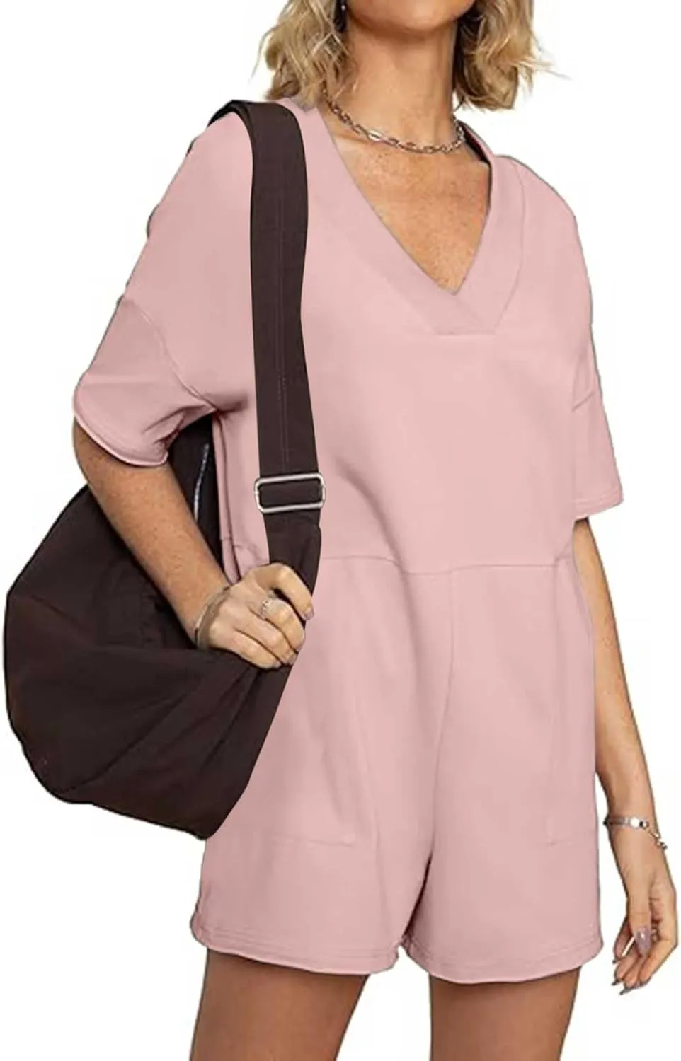 Womens Summer 2025 Plus Size Romper Jumpsuits with Pockets Short Sleeve V Neck Trendy Casual Overall Shorts