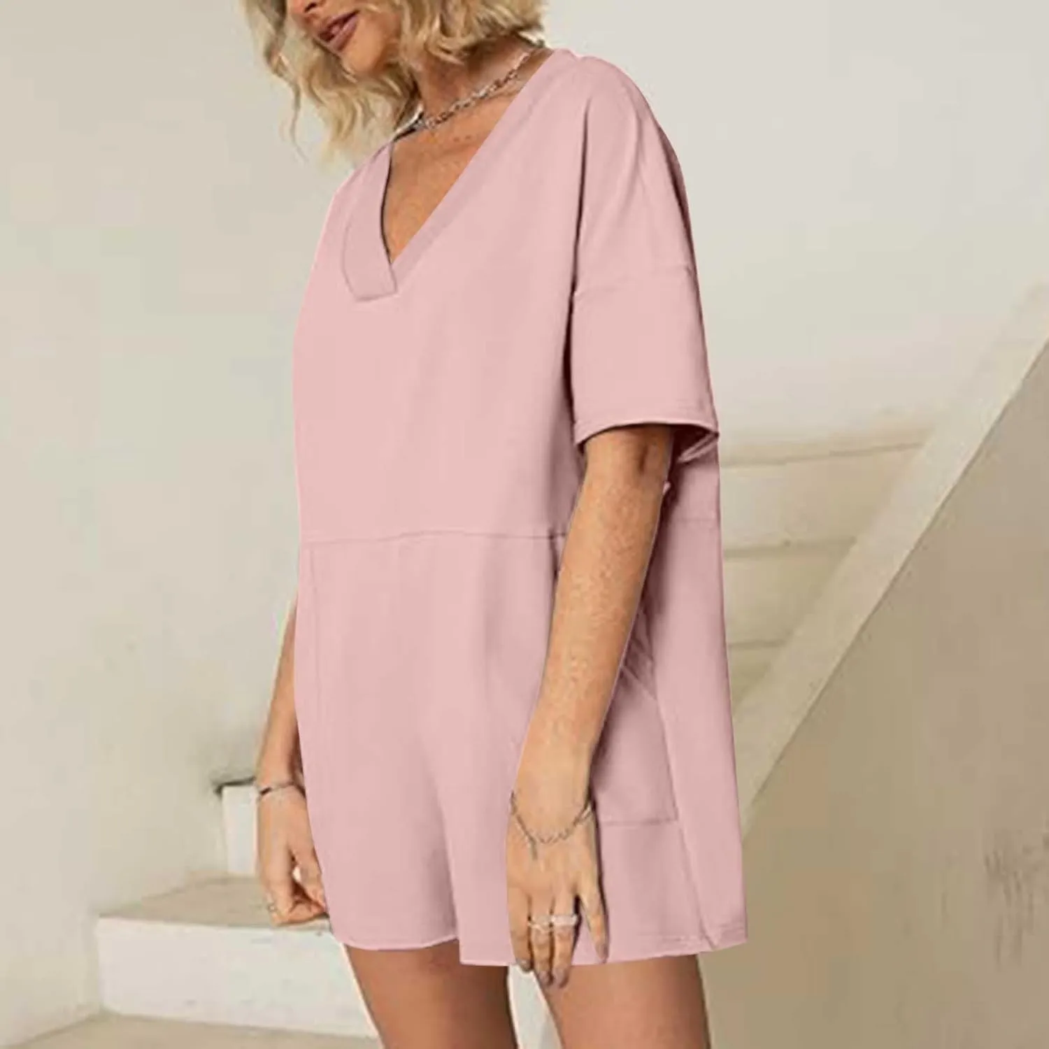 Womens Summer 2025 Plus Size Romper Jumpsuits with Pockets Short Sleeve V Neck Trendy Casual Overall Shorts