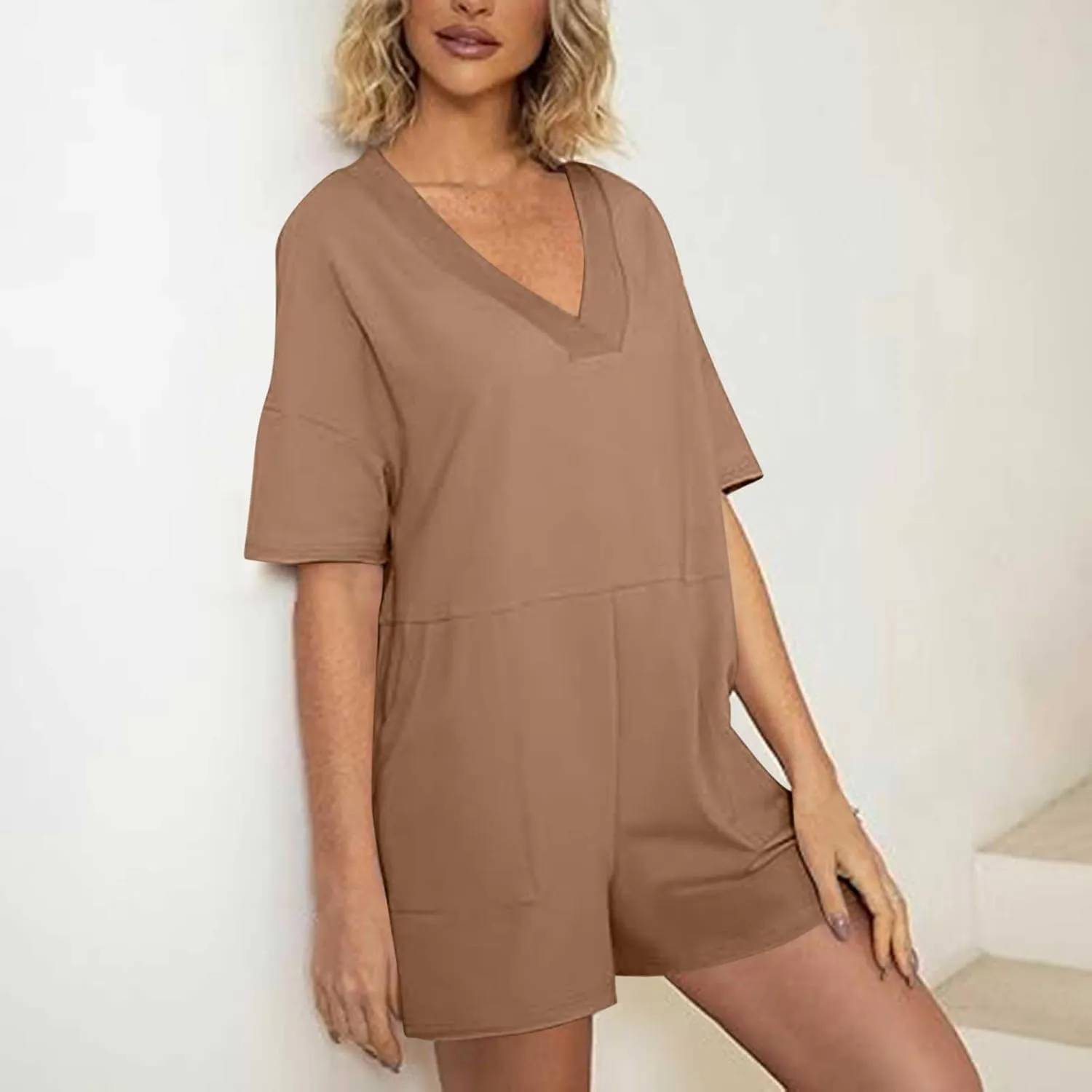 Womens Summer 2025 Plus Size Romper Jumpsuits with Pockets Short Sleeve V Neck Trendy Casual Overall Shorts