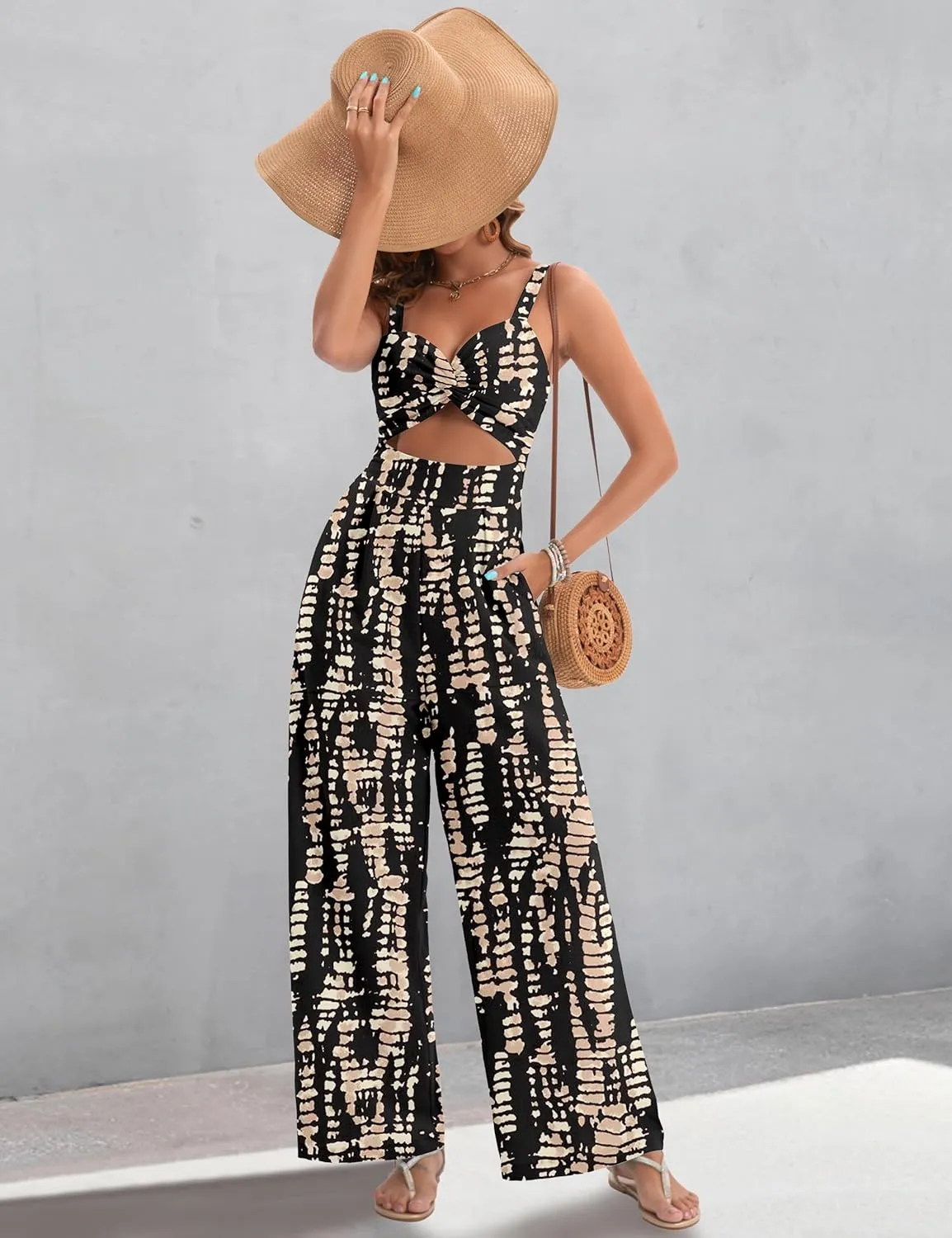 Womens Summer Jumpsuits Dressy Sexy V Neck Twist One Piece Outfits Sleeveless Casual Wide Leg Long Pant Rompers