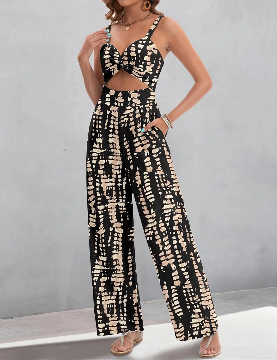 Womens Summer Jumpsuits Dressy Sexy V Neck Twist One Piece Outfits Sleeveless Casual Wide Leg Long Pant Rompers