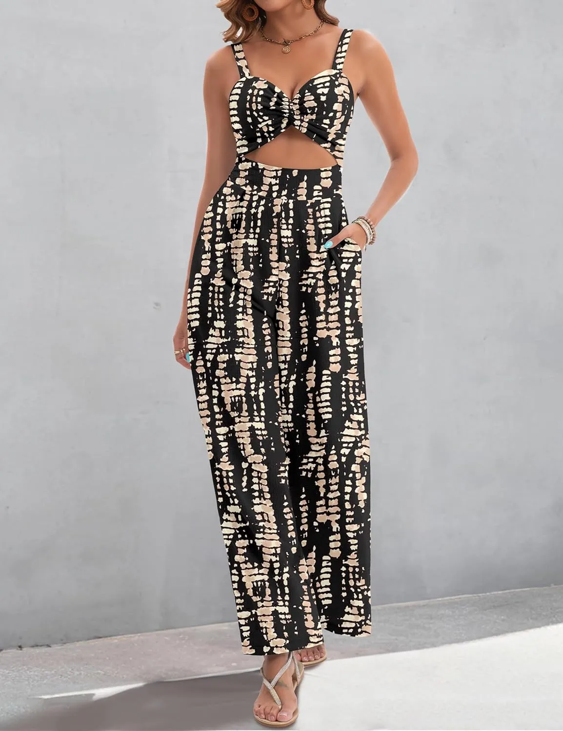 Womens Summer Jumpsuits Dressy Sexy V Neck Twist One Piece Outfits Sleeveless Casual Wide Leg Long Pant Rompers