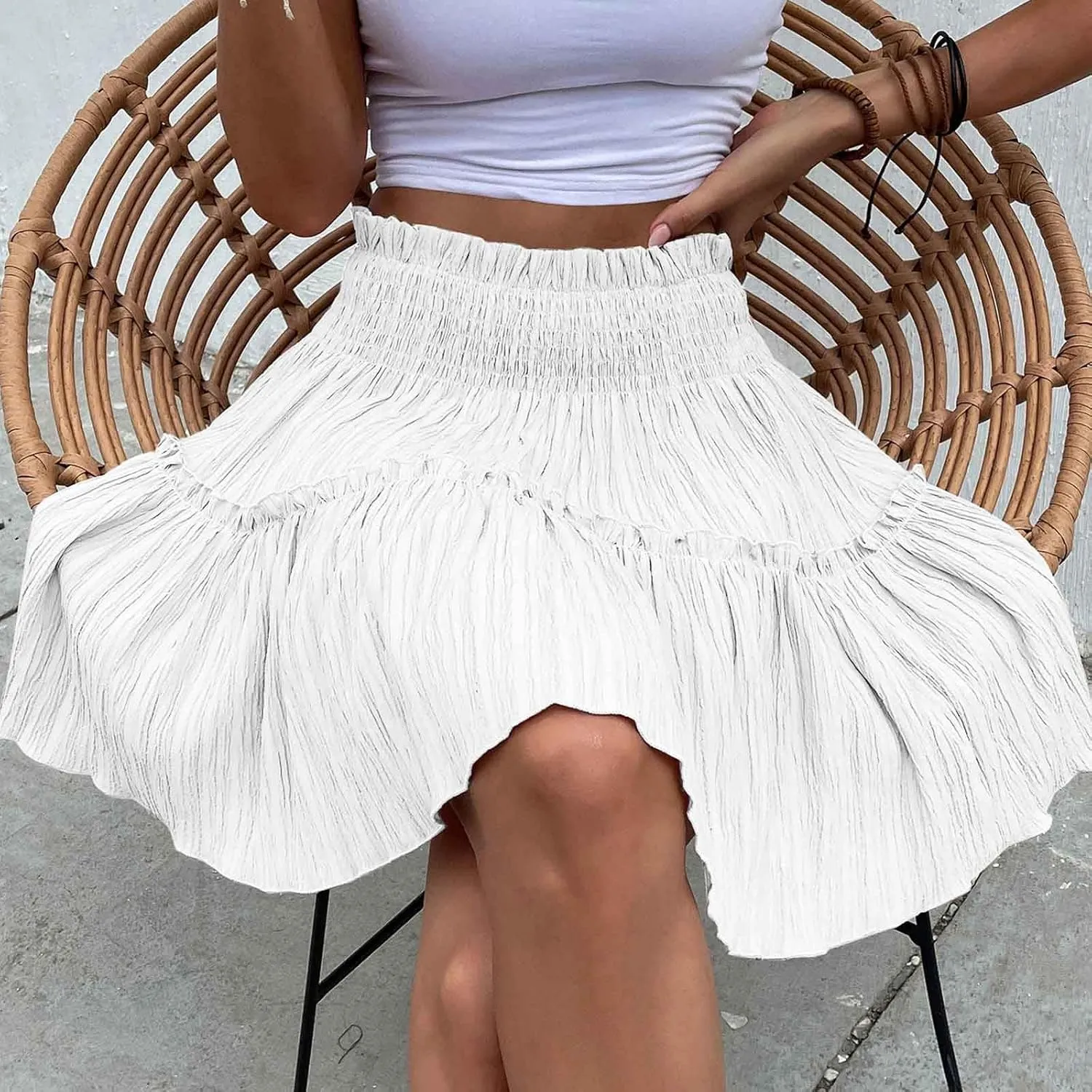 Women's Summer Skirts Cute High Waist Ruffle Skirt Swing Beach Mini Skirt A-Line Flowy Boho Beach Skirts