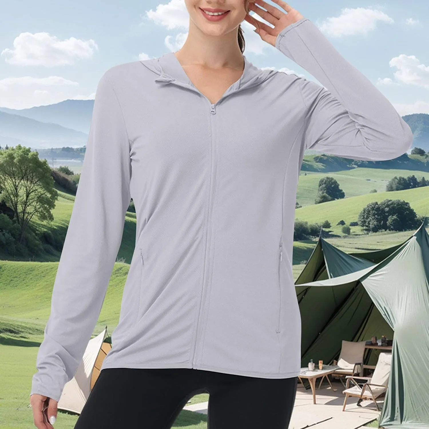 Womens Sunscreen Jacket Hoodies Sweater Long Sleeve Pockets Outdoor Lattice Splicing Pullover Sweatshirts Coats