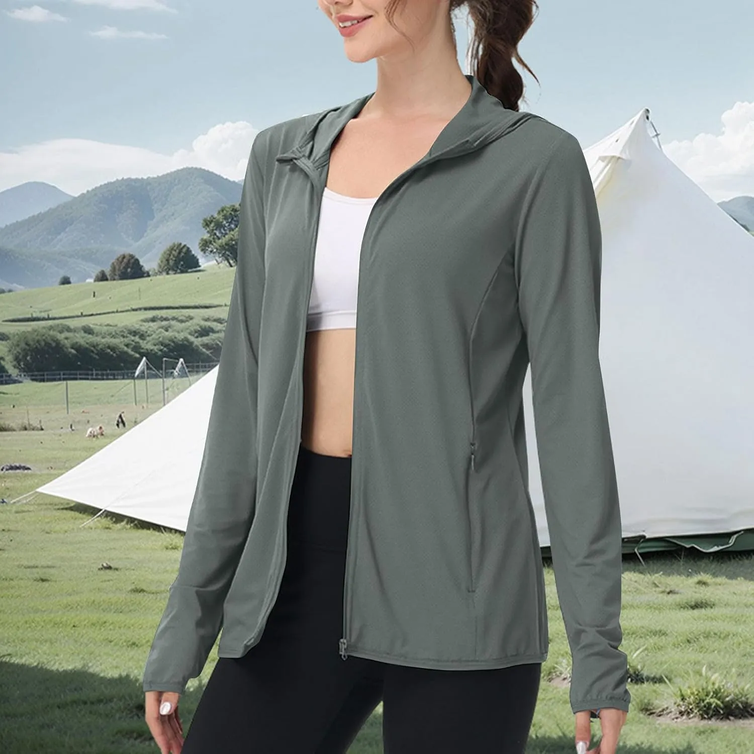 Womens Sunscreen Jacket Hoodies Sweater Long Sleeve Pockets Outdoor Lattice Splicing Pullover Sweatshirts Coats
