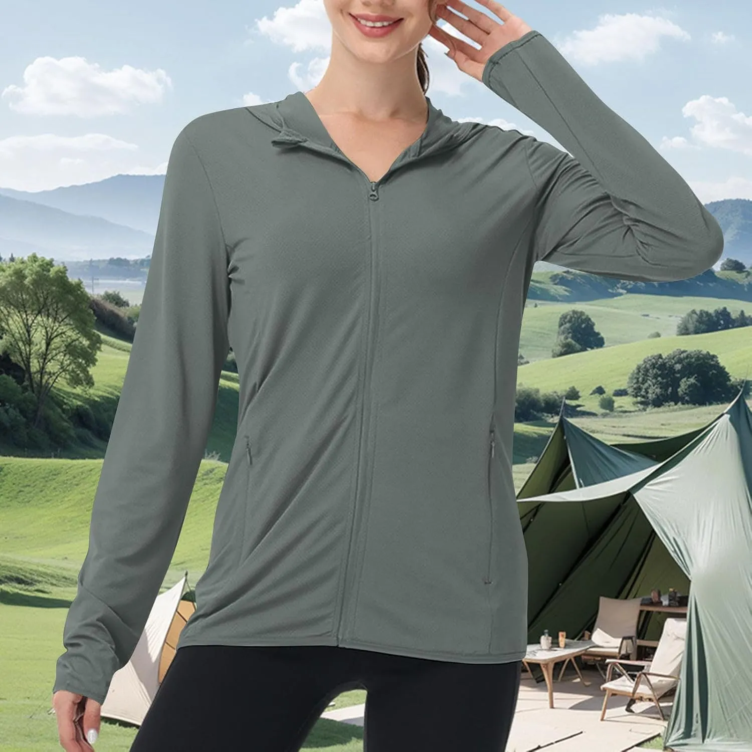 Womens Sunscreen Jacket Hoodies Sweater Long Sleeve Pockets Outdoor Lattice Splicing Pullover Sweatshirts Coats